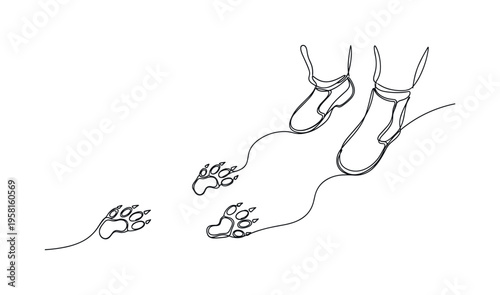 Tracking Predator Signs. Minimalistic one-line drawing tracker examining broken branches and scratch marks as predator signs, continuous single black line on