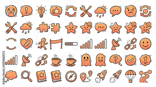 Business and Social Media Icon Set in Hand-Drawn Doodle Style. A collection of linear icons, including coffee, rocket, signal, star rating, ghosts, tools, heart