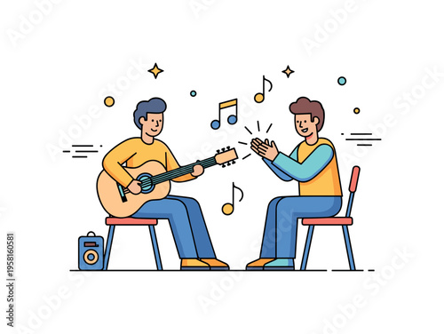 Improvised park music moment guitarist leading a small outdoor jam while another friend claps rhythm and floating notes emphasize the beat. Friendly visual