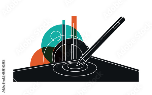 black and white stylus pen drawing abstract shapes on digital tablet, white contour outline, layered circles and vertical bars symbolizing digital illustration