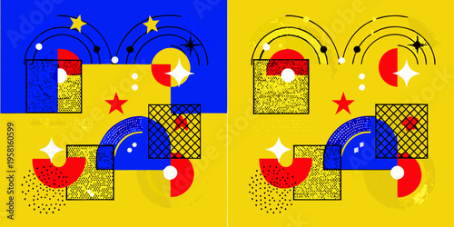 Geometric abstraction with vibrant colors and dynamic shapes duplicated panels