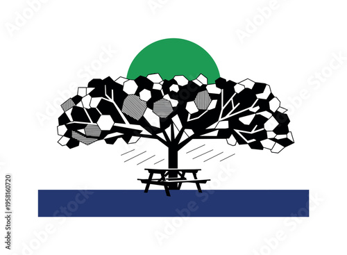 Minimalist collage of black-and-white paper shapes overlapping in calculated layout, cobalt circular frame element behind, muted orange semicircle accent