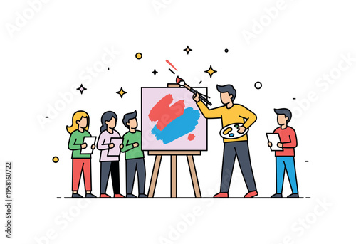 Art performance moment with a painter applying bold brush strokes while small sparkle accents highlight the dynamic creative process. A few audience figures