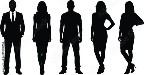 Silhouette vector illustration of five diverse individuals in business attire and casual clothing, teamwork concept, professional group, social dynamics artwork