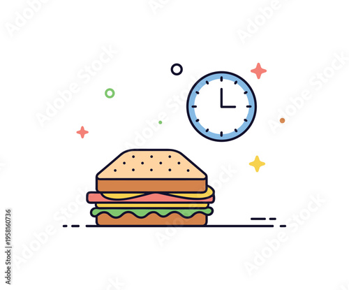 Quick lunch break idea showing a compact sandwich icon paired with a small clock accent, symbolizing busy schedules and simple nourishment. The cohesive