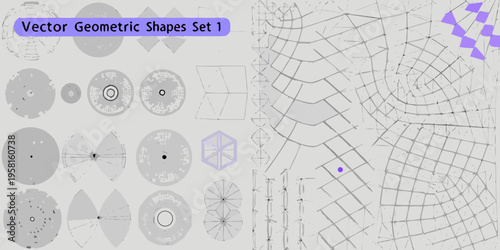 Collection of gray vector geometric shapes and patterns with blue accents