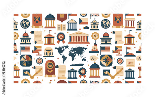 administrative state pattern seamless pattern, government buildings, legislative halls, flags, maps, documents, seals and civic symbols arranged in a repeating