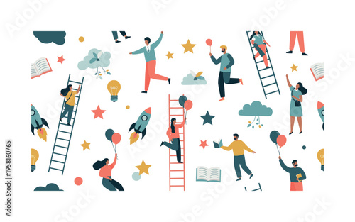inspiring goals seamless pattern, individuals climbing ladders, floating with balloons, stars, rockets, and dream icons arranged in a repeating pattern, white