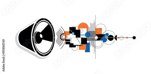 speaker cone emitting geometric sound waves abstract circles lines and blocks symbolizing radio audio transmission black and white retro speaker object with