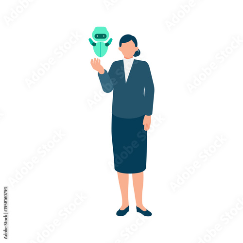 Positive businesswoman using a personal virtual assistant AI robot for workflow optimization and creative task support to achieve better work-life balance in a modern digital office