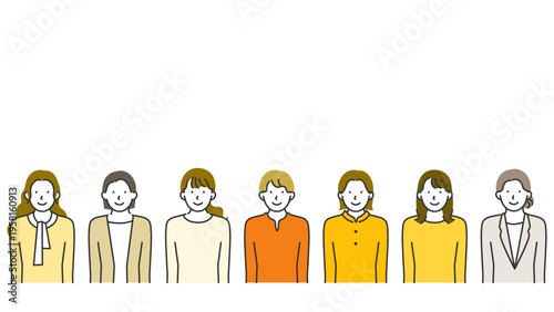 Horizontal line art banner with an expansive blank sky above a row of millennial and gen z women in casual outfits wearing genuine smiles and easy going expressions ready for campaign headline overlay