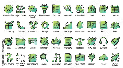 CRM Business Management Icon Set in Hand-drawn Style. A collection of Professional Linear Icons, including lead, pipeline, invoice, dashboard, report, analytics, workflow, and more. Sketch.