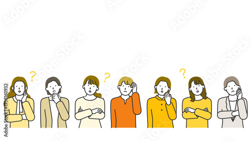 Panoramic line art banner with blank upper canvas above millennial and gen z women in casual everyday outfits whose expressions reveal layers of worry self doubt and thoughtful contemplation