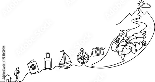 Continuous line vector of global travel journey from home to world map