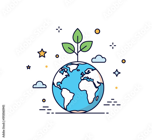 Climate restoration through reforestation concept centered on a globe icon with a small growing tree emerging from its surface, symbolizing global recovery and