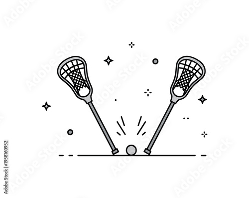 Lacrosse faceoff moment two lacrosse sticks approaching a small ball placed on the ground ready for the opening play. The scene captures the competitive start