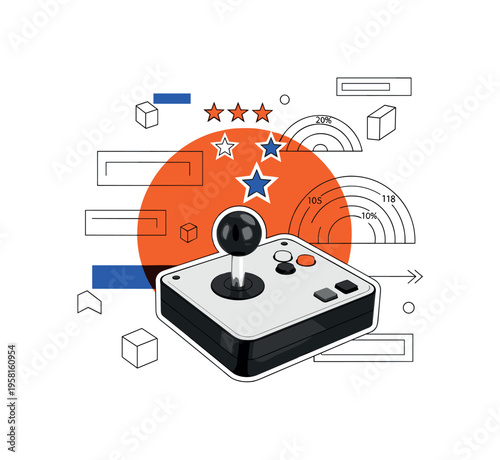 black and white retro arcade joystick with star rating symbols floating above it, bold orange circle behind the joystick representing gaming spotlight, thin