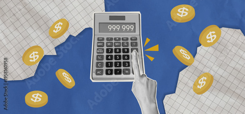 Trendy halftone collage. Investment strategy and financial growth. Money investing, analysis, profit and calculation concept. Vector EPS.