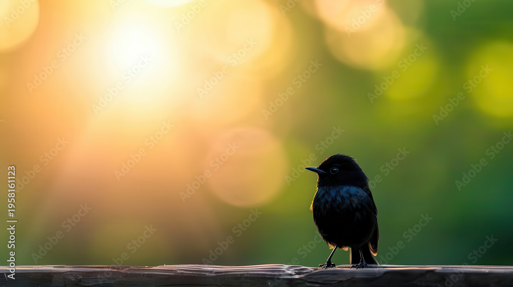 Fototapeta premium Sunlight glows behind a small black bird