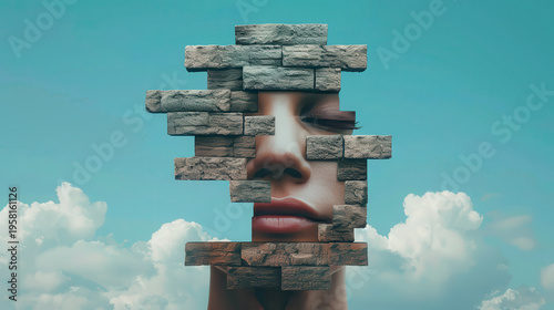 Brick blocks obscure a woman's face against a blue sky