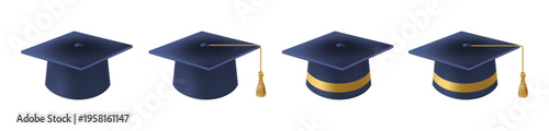 Realistic Blue graduate caps set. 3D Graduation Doctoral hat.