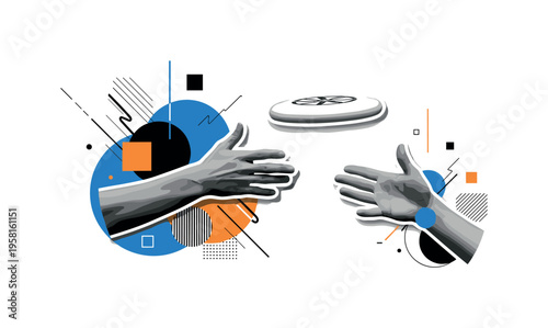human hands tossing frisbee abstract circles lines and geometric blocks showing playful movement black and white retro hands and frisbee with white outline