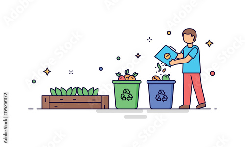 Neighborhood compost collection point small public compost bins placed near a garden bed while residents drop food scraps into the container. The composition