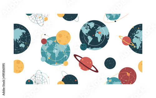 intergalactic maps and navigation seamless pattern, repeating pattern, surface design, textile print, modern illustration of star charts, navigation panels,