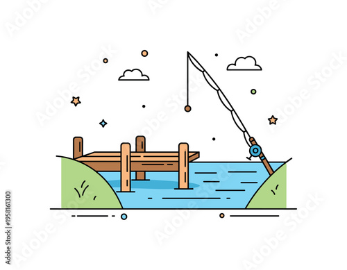 Fishing lake small dock extending into the lake while a simple fishing rod leans beside it suggesting peaceful fishing activity. The scene highlights relaxing