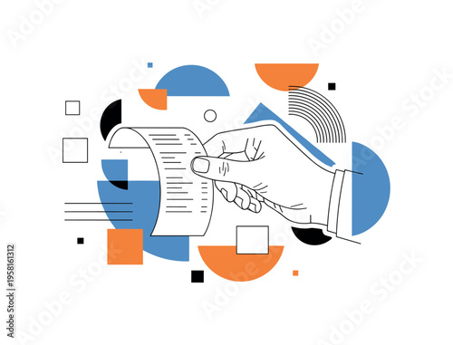 customer checking items on receipt abstract semicircles lines and geometric blocks symbolizing verification and shopping activity black and white retro hand