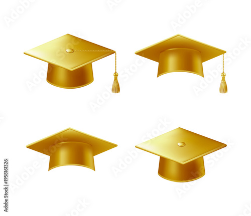 Realistic gold graduate caps set. 3D Graduation Doctoral hat