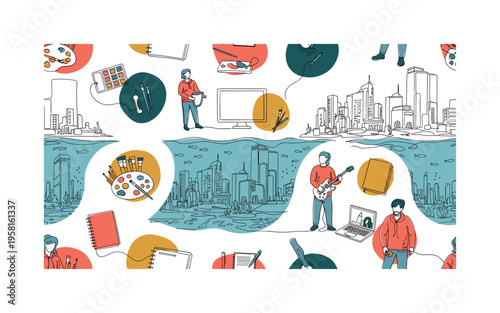 creative studio teamwork seamless pattern, artists collaborating on visual, musical and digital art with brushes, palettes, instruments, notebooks