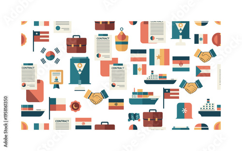 international trade deals seamless pattern, flags, contracts, briefcases, cargo ships and handshake icons arranged in a repeating pattern, white background