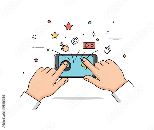 Mobile gaming colorful mobile game interface with icons, power-ups, and virtual coins floating around representing gaming excitement, achievement, and digital