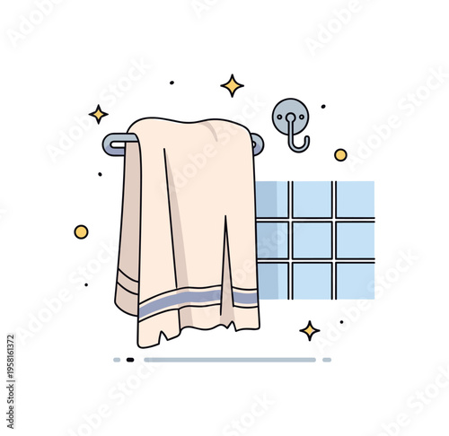 Worn bath towel hanging towel with slightly uneven edges placed beside a small bathroom hook and simple tile pattern. The illustration captures the humble