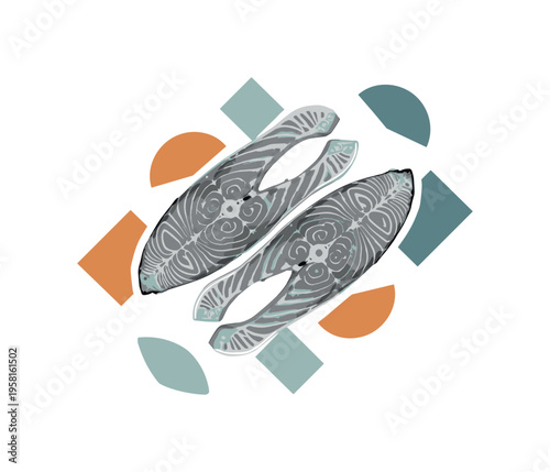 black and white pair of salmon fillets arranged diagonally like graphic shapes, cut-out collage object with white outline, floating semicircles and geometric