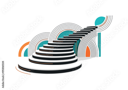 black-and-white staircase built from stacked circular platforms, geometric arcs and lines creating upward rhythm, teal and orange accent shapes, modern graphic