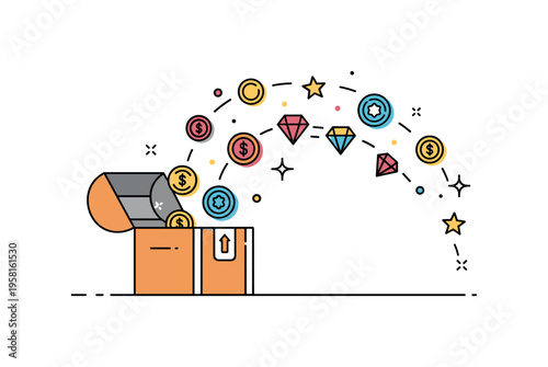 Loot box surprise reward a game chest slightly open while colorful coins and gem icons float out in a playful arc, capturing the thrill of random digital