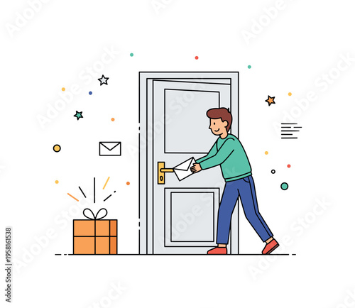 Holiday gift delivery moment with a wrapped package sitting on a doorstep while a person opens the door with a joyful expression. Confetti spark accents