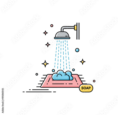 Steamy shower illustration with water flowing from a small showerhead onto a soft bath mat, accompanied by tiny decorative stars and subtle soap accents,