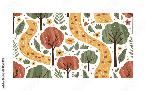 dappled sunlight motifs seamless pattern, garden paths, trees, sunlight beams, flowers, leaves and birds arranged in a repeating pattern, white background with