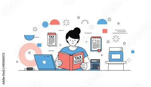 Tax person consulting tax guidebooks with laptop and calculator on a desk symbolizing learning, planning and accurate financial management. Decorative spark