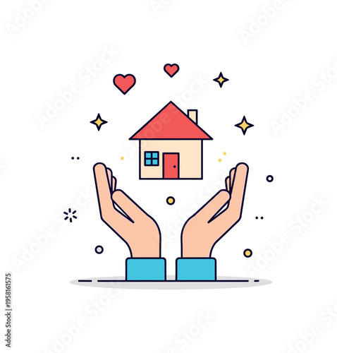 Poverty alleviation community support helping hands lifting a small house icon while tiny heart and star symbols suggest compassion, social support, and