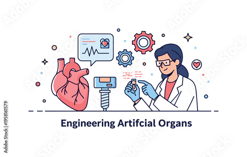 Engineering artificial organs medical researcher analyzing a small implant device while digital heart and gear icons symbolize technology driven healthcare.