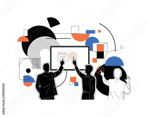 students interacting with touchscreen whiteboard abstract semicircles lines and geometric blocks symbolizing hands-on education black and white retro human