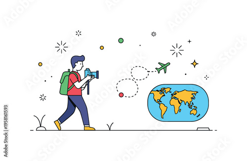 Travel photographer exploring new places person with a camera walking beside a small world map icon and dotted travel route. Decorative spark icons express
