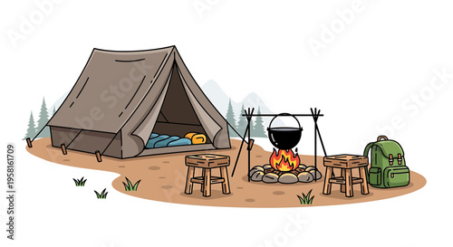 Vector illustration of a camping scene with tent and campfire