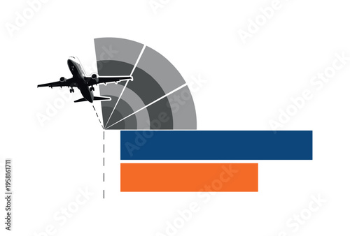 A black and white realistic airplane lifting off the runway at a steep angle, bold geometric semicircles radiating behind it like thrust waves, thin linear