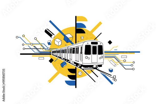 collage of metro map lines with a retro train emerging from geometric route patterns, black and white train cut out with white contour outline, large yellow
