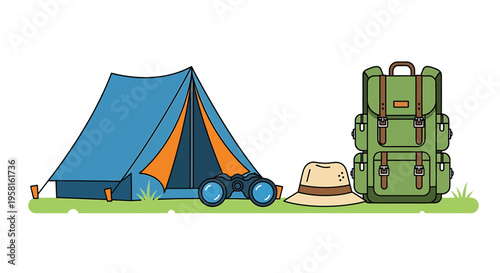 Vector illustration of camping gear with tent, backpack and hat